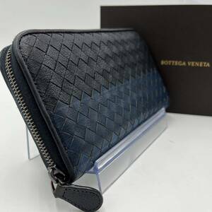 1円 ●美品●BOTTEGA VENETA ボッテガヴェネタ 長財布 イントレチャート ラウンド ジップ レザー バイカラー ネイビー メンズ 男女兼用