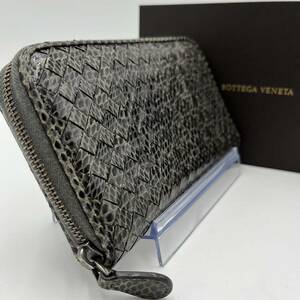 1円 【入手困難】 BOTTEGA VENETA ボッテガヴェネタ 長財布 イントレチャート ラウンド レザー 本革 パイソン グレー メンズ 男女兼用