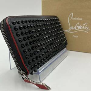 1円●希少●クリスチャンルブタン Christian Louboutin 長財布 ラウンドファスナー パネトーネ スタッズ レザー ブラック 黒 メンズ 男女