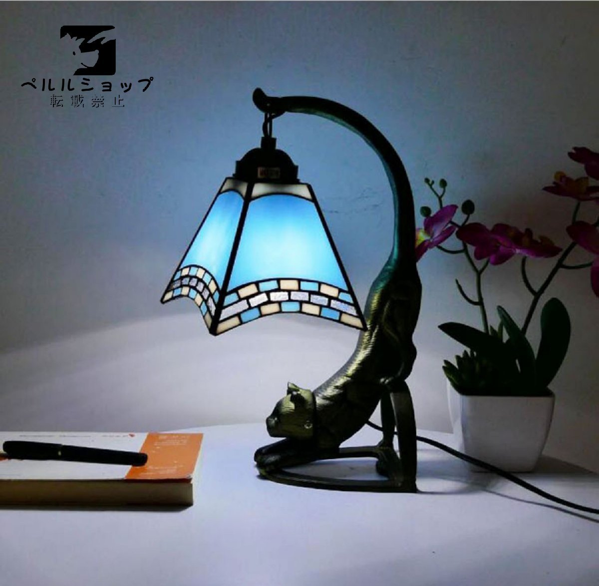Lampe Tiffany chat style antique technique Tiffany éclairage vitrail lampe de table intérieur, artisanat, artisanat, artisanat en verre, matériau en verre