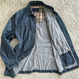 極美品!! バーバリーロンドン BURBERRY LONDON デニム 長袖シャツ ジャケット M ノバチェック 上質コットン100% ロゴ釦 インディゴ メンズ