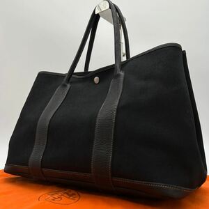 【美品】HERMES エルメス ガーデンパーティPM トワルオフィシェ レザー ハンドバッグ トートバッグ □H刻印 ブラック 黒 A4可 肩掛け