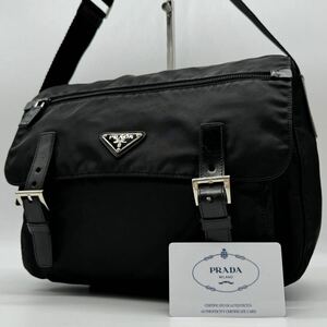 1783 廃盤ギャラ付● PRADA プラダ ショルダーバッグ メッセンジャーバッグ テスートナイロン 斜め掛け 三角ロゴプレート レザー 金具 黒色