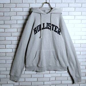Hollister☆ホリスター　パーカー　スウェット　トレーナー　フーディ　ビッグロゴ　ワッペン　裏起毛　厚め　グレー　L