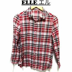 ★美品 ELLE エル トップス レディース 長袖シャツ チェック柄 かわいい小さい胸ポケット カジュアル 赤白黒チェック柄 38 / M nr2-015