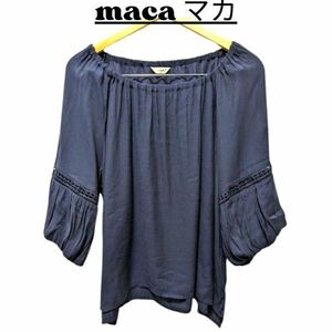 maca maca tops lady's 7 minute height sleeve blouse lovely embroidery race sleeve hem slit casual formal navy blue color LL / nr3-017
