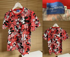 【激安 国内正規品】東京ディズニーリゾート Disney RESORT 限定 Mickey Mouse ミッキーマウス 総柄 プリント 半袖 Tシャツ S レッド系