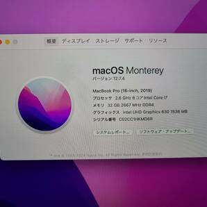 Apple MacBook Pro 16(2019, A2141) Core i7-9750H / 2.6GHz / RAM 32GB / SSD 500GB / Space Gray / AC有 / 動作品 / 充放電回数 : 519の画像7