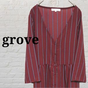 grove　ロングワンピース　M　ストライプ　赤　七分袖　Vネック　春　夏　秋