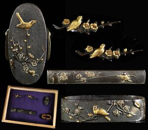  properties three place thing![. head small pattern eyes .] red copper fish . ground flowers and birds writing map overglaze enamels gold .. height meat carving . in box [6380ee]