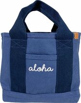 aloha刺繍入り ハワイアン ミニトートバッグ 幅21×高さ24×マチ16cm ネイビー 綿100％ 仕切りがたくさんでバッグの中身を整理しやすい_画像1