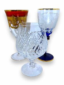 1円スタート Bohemia ボヘミア Crystal Glas クリスタルガラス Wine Glassワイングラス 金彩 彫刻 3点セット