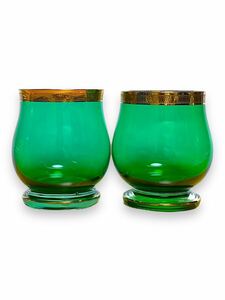 1円スタート Bohemia ボヘミア Crystal Glas クリスタルガラス ロックグラス Rock Glass 金彩 グリーン Green 緑 2点セット