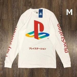 売切り【正規新品】PlayStation オフィシャル ゲーム ファミリーマーク 長袖 Tシャツ ロンT 袖ロゴ 海外限定 男女兼用(M)白 180720-13