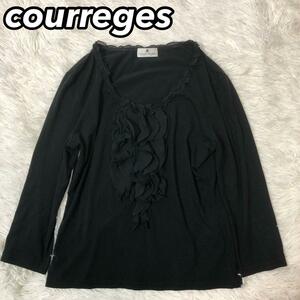 1スタ courreges クレージュ 長袖 シャツ カットソー ブラウス フリンジ フラ ブラック 黒色 38 女性 レディース M ビジネス フラワー