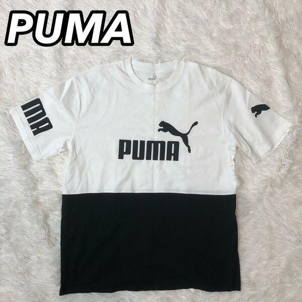 PUMA プーマ 半袖プリントTシャツ カットソー 切替 L フロントロゴ ブランドデザイン ブラック 黒色 ホワイト 白色 メンズ 男性