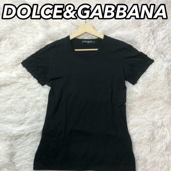 DOLCE&GABBANA ドルチェアンドガッパーナ 半袖 Tシャツ カットソー 女性 レディース 袖口 刺繍 花柄 フラワー フリンジ ブラック 黒色 38 M