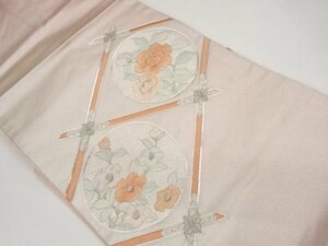 ys6940191; 宗sou 銀駒刺繍格天井に牡丹・椿模様名古屋帯【着】