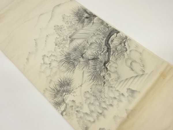 ys6940769; Sou Artist's work Hand-painted pine tree with house and mountain pattern Fukuro Obi [Worn], band, Obi, Ready-made