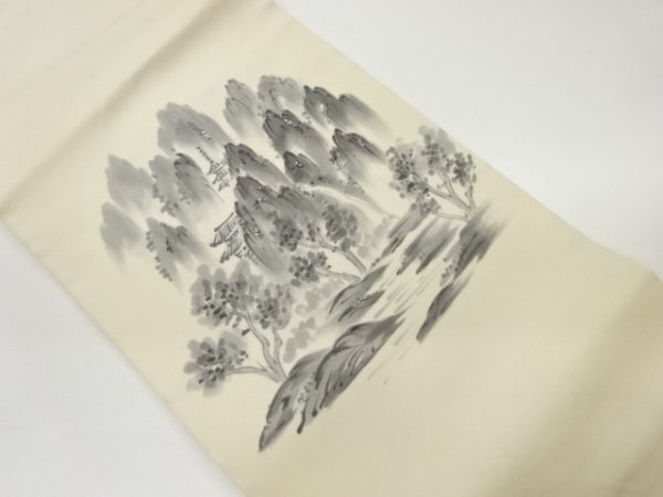 ys6947752; Sou Sou Shiose árboles pintados a mano y patrón de paisaje del templo bordado Nagoya obi [desgaste], banda, Nagoya Obi, Confeccionado