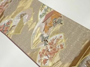 ys6950624; 宗sou 地紙に寺院・松・花々・流水模様織出し袋帯【着】