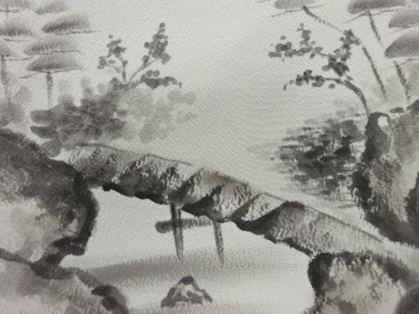 ys6961715 ; Montagnes peintes à la main de Sosou, motif de paysage de ponts et d'arbres Nagoya obi [antique] [porté], kimono femme, kimono, antique, refaire du matériel