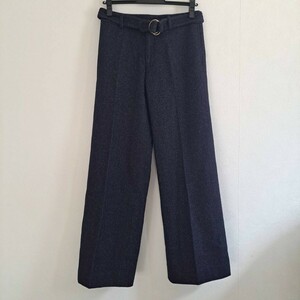 spick&span スピック&スパン ウール ワイドパンツ ネイビー 共布ベルト付き サイズ38 センタープレス ボトムス レディース【Y053】