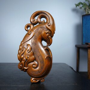 ◆古風堂◆中国 呈祥 龍 鳳 黄木 工芸品 彫刻 把件