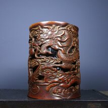 ◆古風堂◆中国 ペン立て 書道 龍 竜 鳳 朱雀 彫刻 工芸品 14cm*12.5cm*16.5cm 350g_画像2