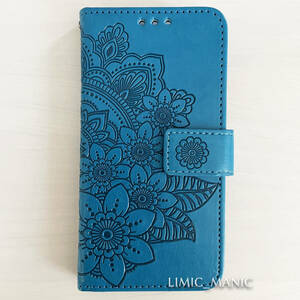 【セット】iPhone 6 6s 7 8 SE (第2世代/第3世代) SE2 SE3 ケース スマホ 手帳型 カードケース ブルー 青 曼荼羅模様 花柄 アイフォン
