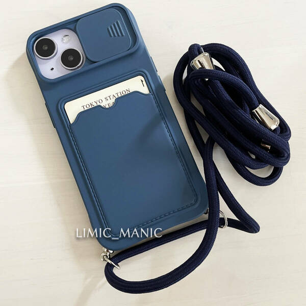 iPhone 13 / 14 ケース シリコン スマホ ショルダー 肩掛け 紐付き 収納 ネイビー 紺色 紺 アイフォン