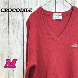 CROCODILE クロコダイル　メンズ　レディース　ニット　セーター　Vネック 赤　ワンポイント　ワニ　春　秋　コットン