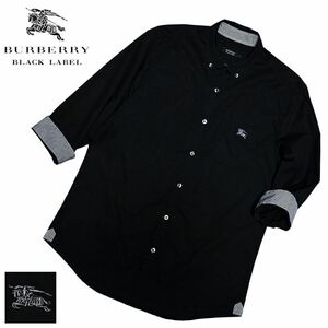 極美品 バーバリーブラックレーベル BIGホース刺繍 襟袖ギンガムチェック ロールアップ 2WAY 7分袖 BD シャツ 3/L 黒 BURBERRY BLACK LABEL