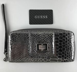 ■レア■ゲス GUESS/長財布/ラウンドファスナー/シルバー/パイソン柄