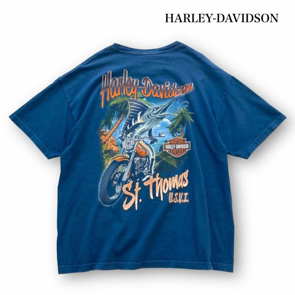 【HARLEY-DAVIDSON】ハーレーダビットソン カジキ ビッグプリントTシャツ 半袖Tシャツ St.THOMAS バックプリント オーバーサイズ (XL相当)