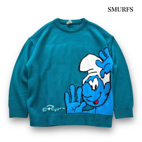【SMURFS】(インスタ映え) スマーフ オーバーサイズ ニットセーター ビッグシルエット 両面デザイン 刺繍 ユニセックス ブルー