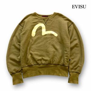 【EVISU】エヴィス ヒデヒコヤマネ 肉厚スウェット デカロゴカモメ HIDEHIKO YAMANE 前Vガゼット トレーナー オリーブ 古着 長リブ (42)