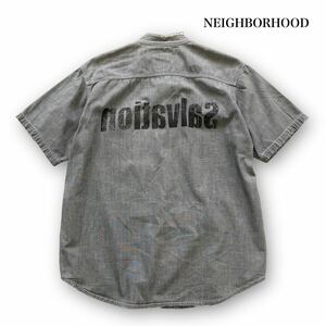 【NEIGHBORHOOD】ネイバーフッド ダメージ加工半袖シャツ バンドカラー ボタンダウンシャツ バックプリント サベージ ブラック 黒 日本製