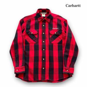 【carhartt】カーハート バッファローチェックシャツ ワークシャツ ブロックチェック ネルシャツ 長袖シャツ 刺繍ロゴ 90s 古着 (L)