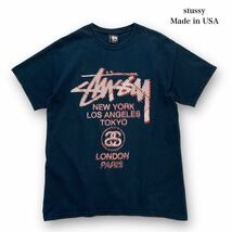 【stussy】ステューシー USA製 ワールドツアーTシャツ ブラック 半袖Tシャツ STUSSY 黒 アメリカ製 米国製 ドット柄 両面プリント (M)_画像1