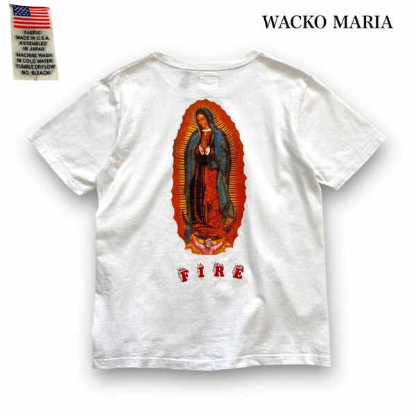 【WACKOMARIA】ワコマリア USA製ファブリック マリアプリントTシャツ 半袖Tシャツ アメリカ生地 グアダルーペマリア 覆面レスラー 白 FIRE