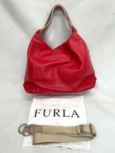 D6788*2　美品　FURLA　フルラ　レッド×ベージュ　シルバー金具　レザー　2way　ハンドバッグ　ショルダーバッグ　保存袋付き