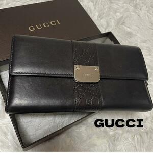 グッチ GUCCI 長財布 シマレザー コンチネンタル プレート ダークブラウン 二つ折り シマ レザー シマ ロゴプレート 