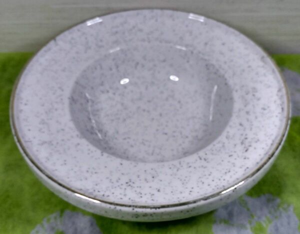 灰皿 陶器 白地黒斑点の石模様 よくある二段に凹む形