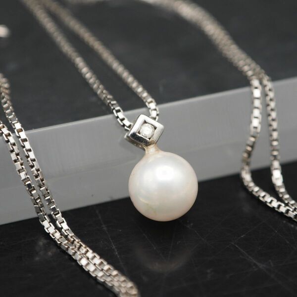 M994 あこや真珠 6.8mm珠 パール ダイヤモンド 925刻印 ペンダント ネックレス デザイン シルバー 4月 6月誕生石