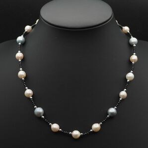 P057 あこや真珠 8.5~9.8ｍｍ珠 パール オニキス ネックレス マルチカラー デザイン シルバー 6月誕生石