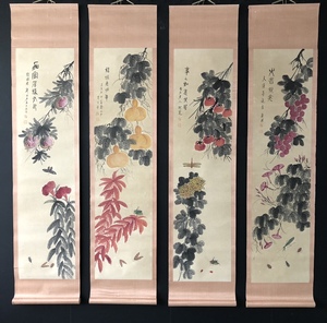 Art hand Auction المجموعة القديمة للرسام الصيني الحديث والمعاصر الشهير Qi Baishi عشب الحشرات Four-jo لوحة حبر قابلة للطي عمل رائع للغاية نادر وتحف فن عتيق طعم عتيق A0330, عمل فني, تلوين, الرسم بالحبر