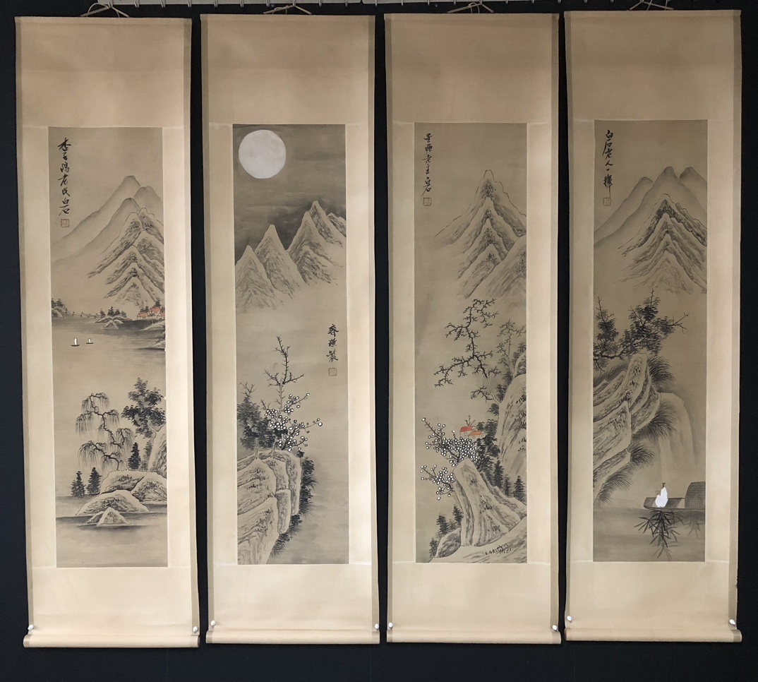 Formerly owned Chinese modern painter and calligrapher [Qi Baishi] Landscape painting, purely hand-painted four-panel screen, hanging scroll, rare item, antique art, antique delicacy, L0328, Artwork, Painting, Ink painting