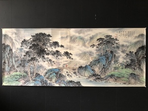 Art hand Auction 老藏中国现当代国画家【张大千】山水画幅宽纯手绘稀有古玩古味L0309, 艺术品, 绘画, 水墨画