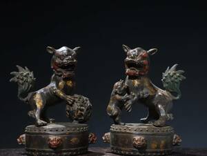 旧蔵 清時代 銅製 銅拓金 【獅子】一對 極細工 稀少珍品 古美術品 古美味 L0328